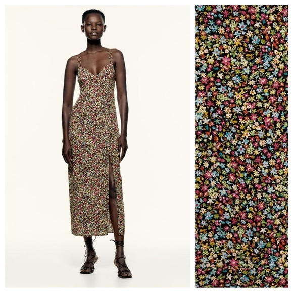 Zara Dresses & Skirts - NWT. Zara Small Flowers Print Midi Dress with a V-neckline. Size S.